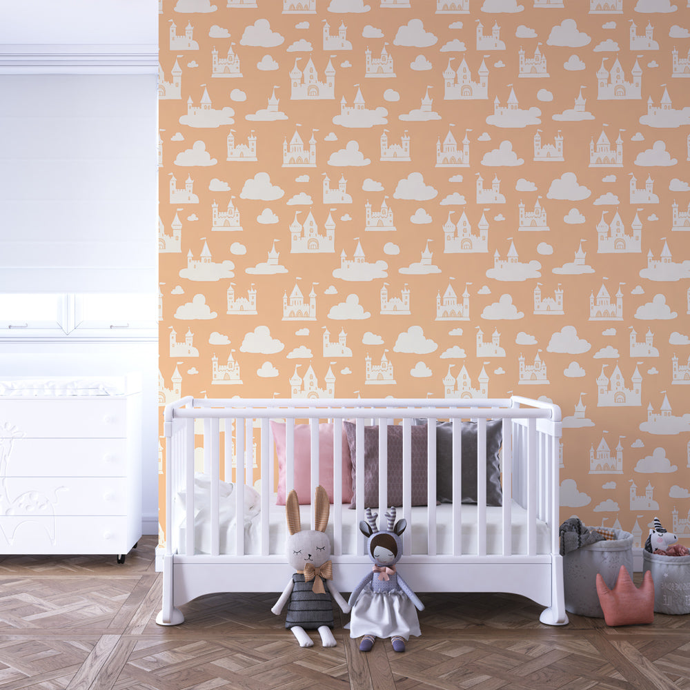 Enchanting castle themed mural wallpaper for kids playroom by Kids-Mundo
