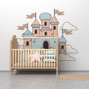 Whimsical castle mural wallpaper with colorful towers inspiring imaginative play in kids room
