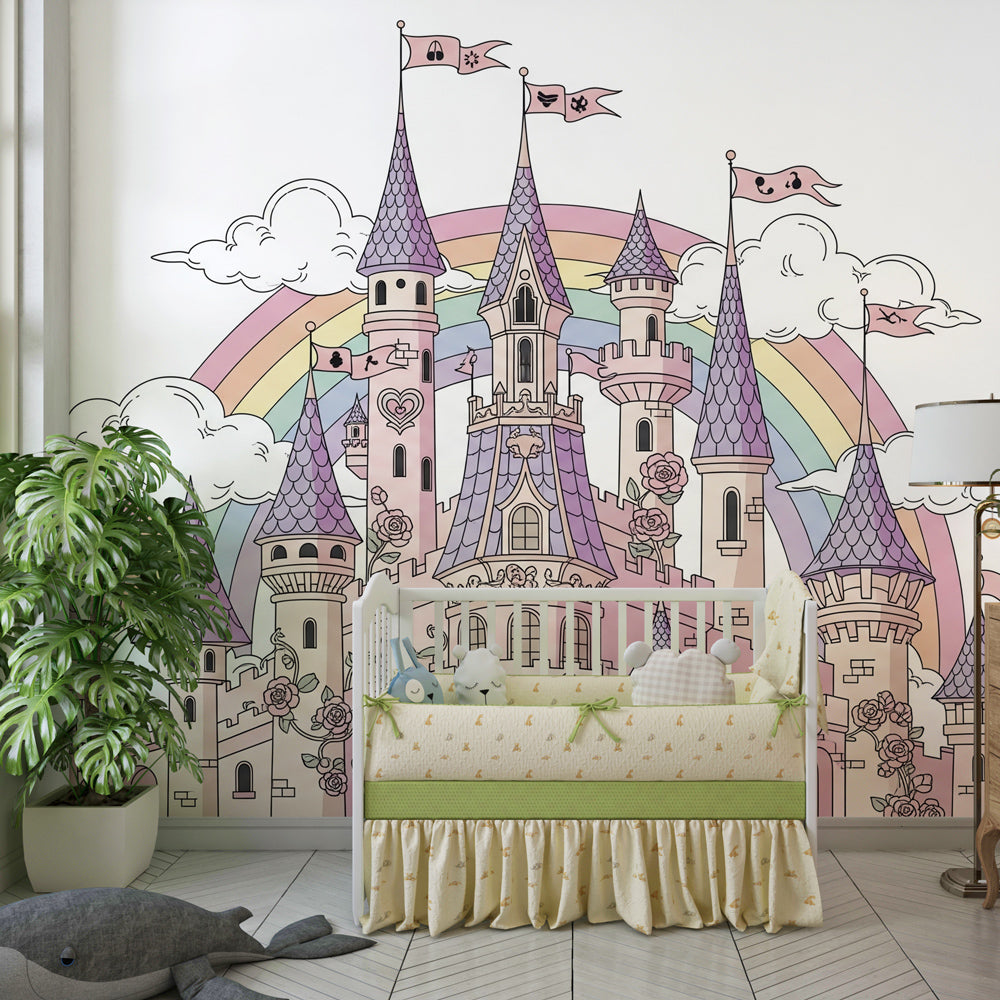Rainbow castle mural wallpaper creating enchanted playroom atmosphere for imaginative play