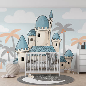 Tropical castle mural wallpaper for children's room featuring blue towers and palm trees by Kids-Mundo