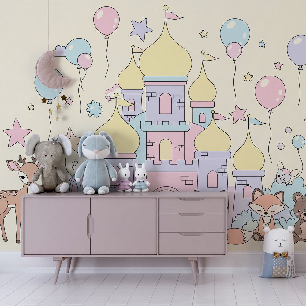 Castle wallpaper creating fairy-tale kids bedroom with woodland creatures and balloons