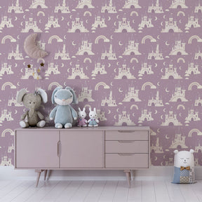 Fairytale castle rainbow wallpaper inspiring creative play in kids room by Kids-Mundo