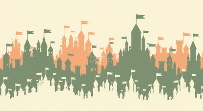 Kids-Mundo flat artwork of a terracotta and sage castle skyline silhouette pattern.