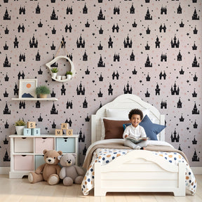 Pink castle stars mural wallpaper creating magical fairytale nursery decor by Kids-Mundo