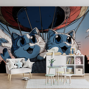 Whimsical cat balloon wallpaper creating magical atmosphere in children's bedroom