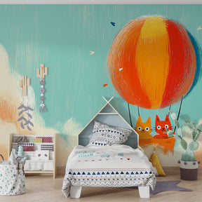 Hot air balloon cats wallpaper transforming children's bedroom into magical cloud adventure space