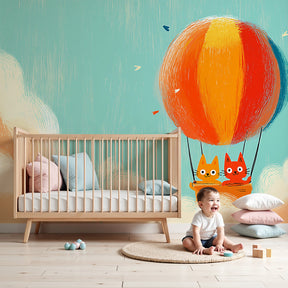 Cat balloon mural wallpaper creating dreamy sky adventure atmosphere in modern nursery by Kids-Mundo