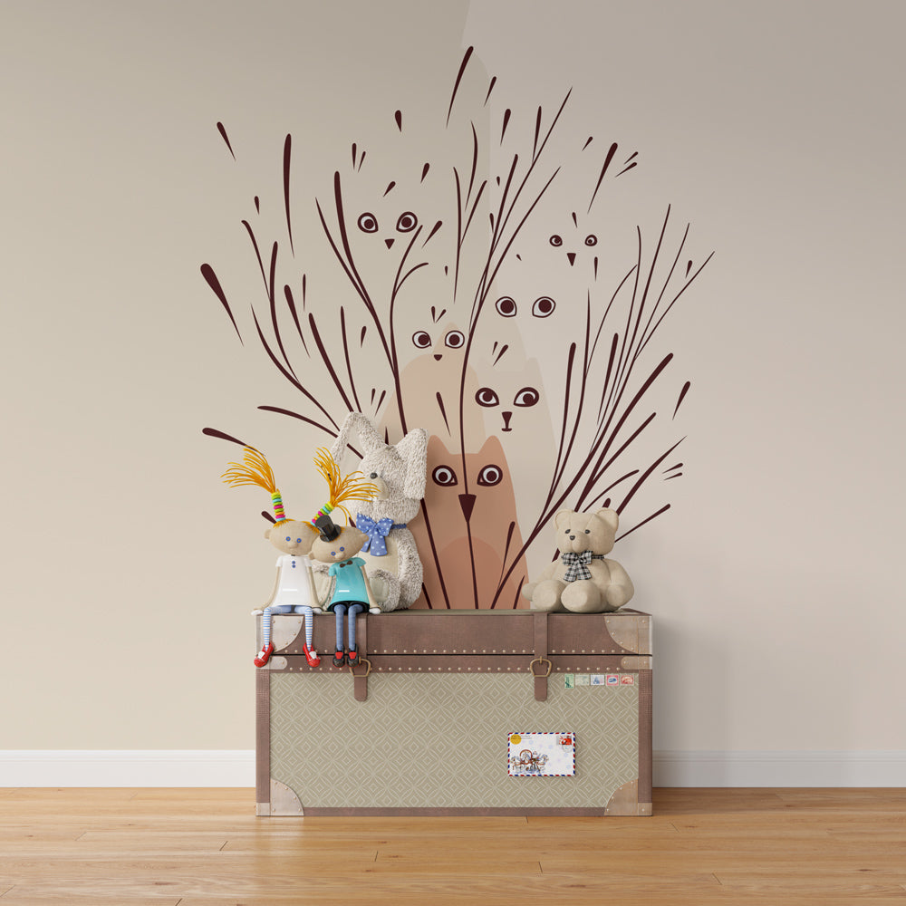 Animal-themed mural wallpaper featuring cats and birds in grass for modern kids bedroom by Kids-Mundo