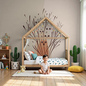 Cat and bird mural wallpaper creating whimsical nursery decor with playful meadow theme by Kids-Mundo