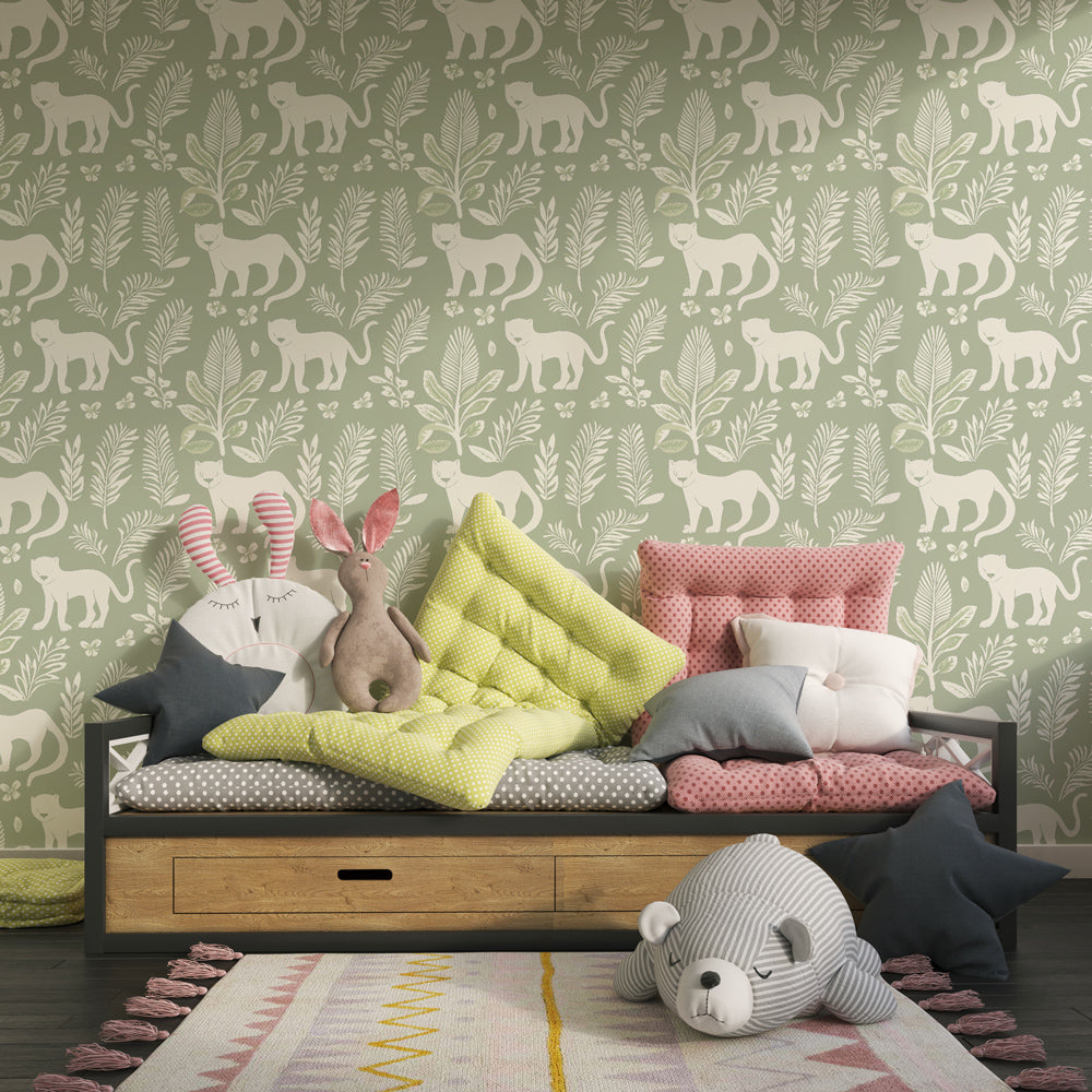 White cat silhouettes botanical mural wallpaper in modern children's bedroom setting