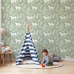 Cat and botanical mural wallpaper creating serene nursery decor with pale green background by Kids-Mundo