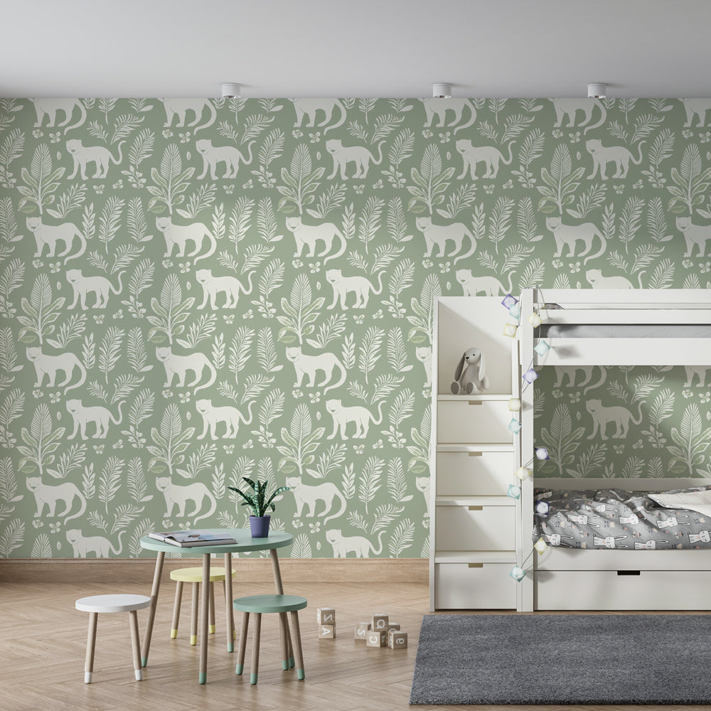 Nature-inspired cat mural wallpaper transforming kids playroom with gentle green botanical design