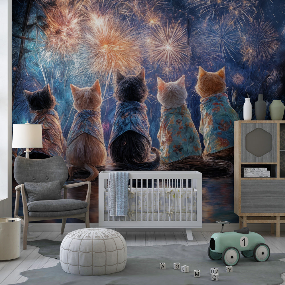 Whimsical cat fireworks wallpaper creating magical atmosphere in children's bedroom decor