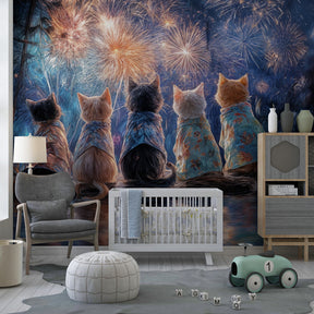 Whimsical cat fireworks wallpaper creating magical atmosphere in children's bedroom decor