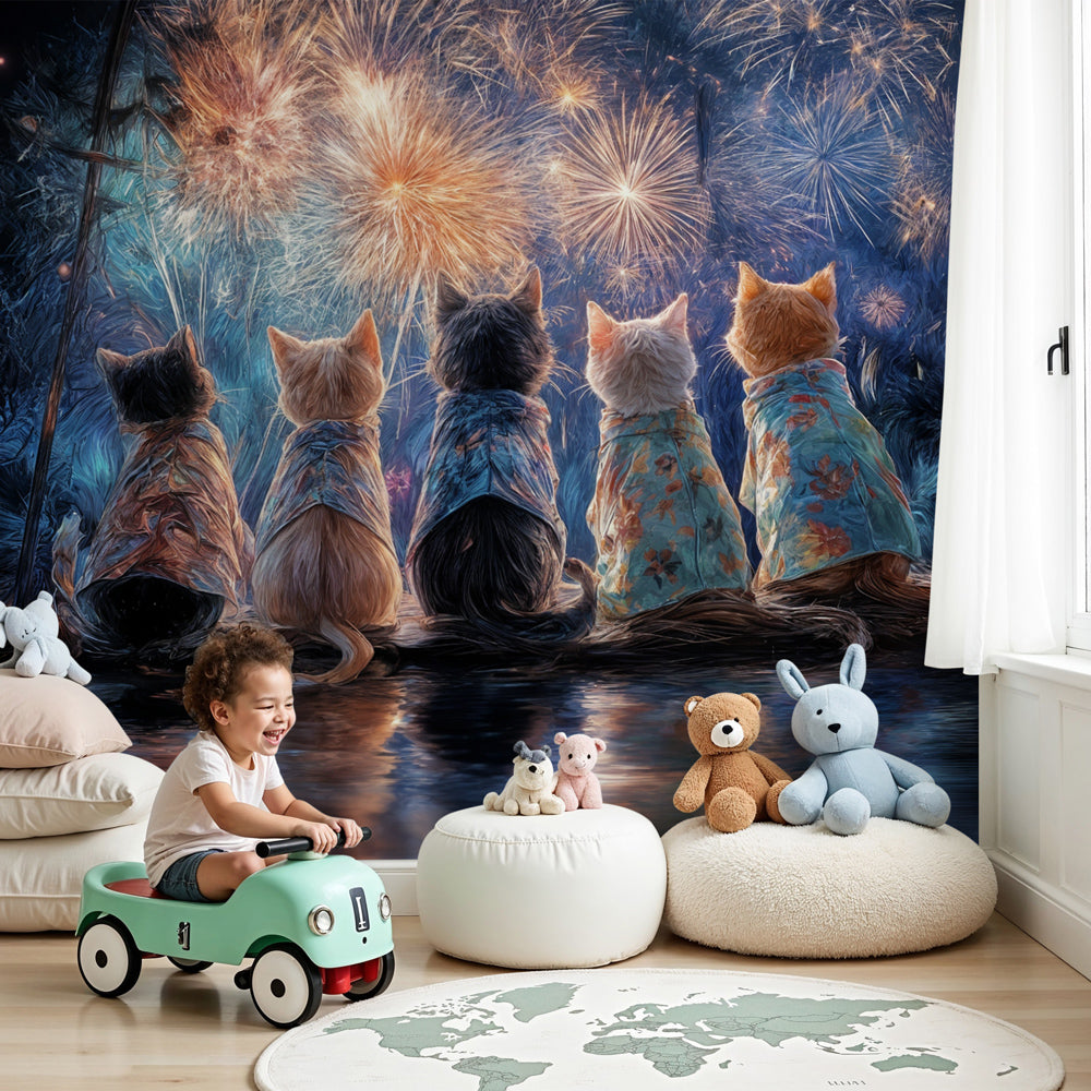 Cat fireworks mural wallpaper in modern nursery with starry night celebration theme by Kids-Mundo