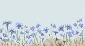 Detailed cat and blue flowers mural wallpaper design pattern by Kids-Mundo
