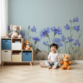 Cat floral mural wallpaper with sleeping kitten in peaceful nursery setting by Kids-Mundo