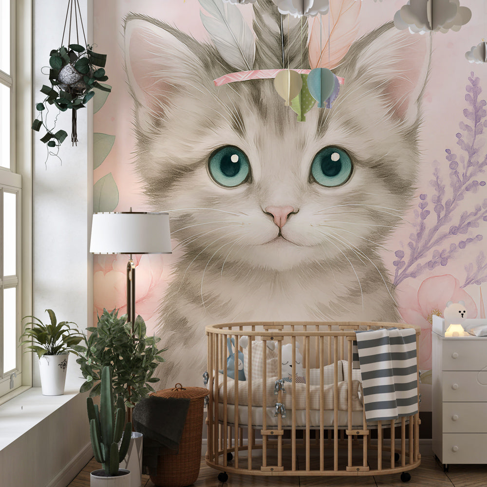 Floral cat wallpaper creating magical children's bedroom with pastel colors and fairy-tale theme