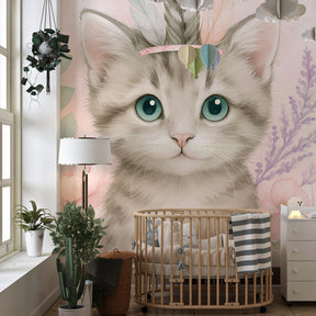 Floral cat wallpaper creating magical children's bedroom with pastel colors and fairy-tale theme