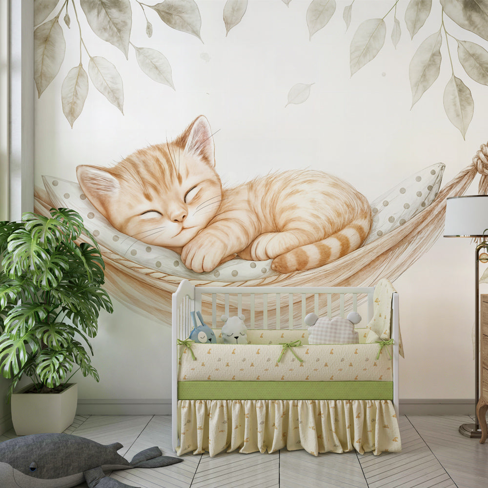 Cat mural wallpaper with hammock kitten creating cozy children's bedroom atmosphere