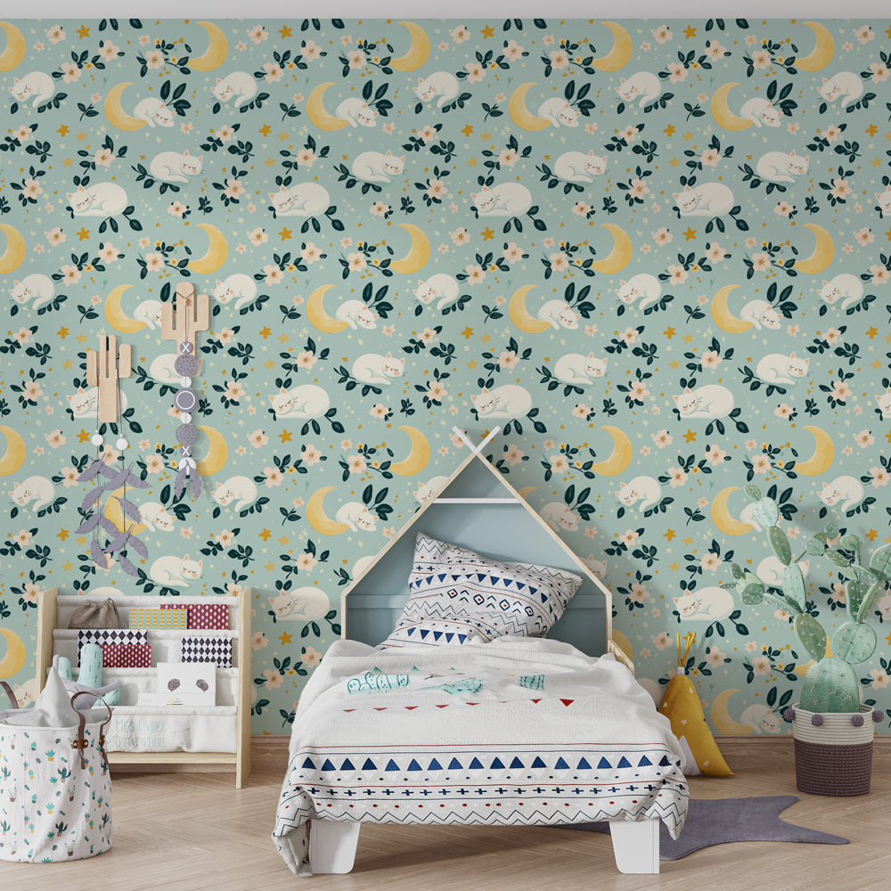 Cat and stars mural wallpaper transforming children's room into magical bedtime sanctuary