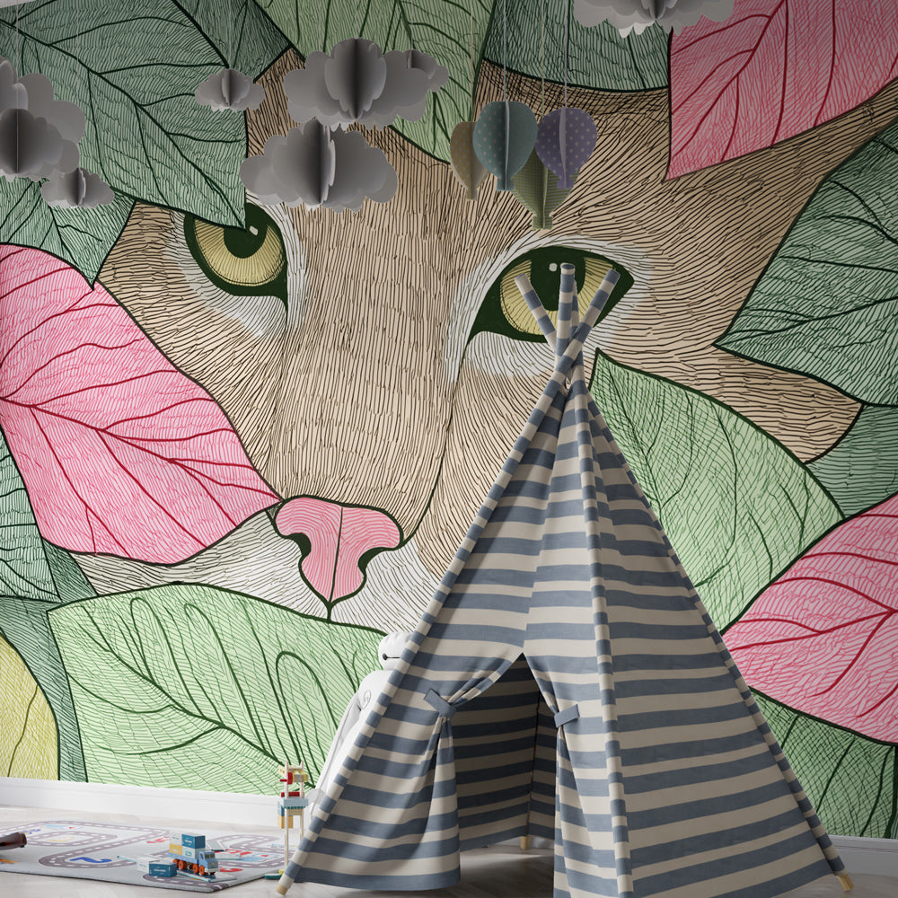Animal themed mural wallpaper featuring cat among green pink yellow leaves in toddler room