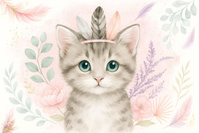 Detailed kitten and flowers mural wallpaper design pattern showing cute cat with feathered crown