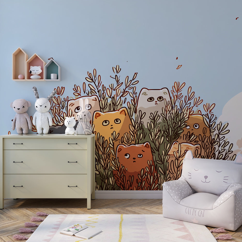 Hidden kitten wallpaper transforming children's bedroom into garden sanctuary
