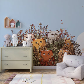 Hidden kitten wallpaper transforming children's bedroom into garden sanctuary