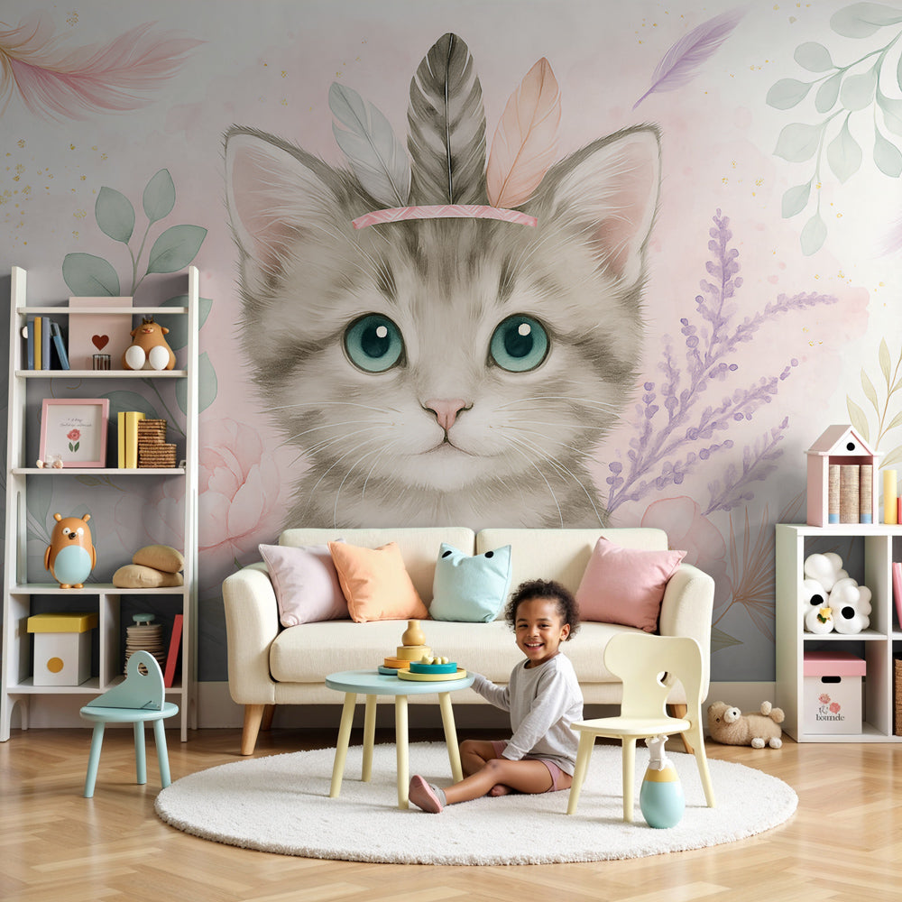 Cute kitten mural wallpaper with flowers decorating modern nursery room by Kids-Mundo