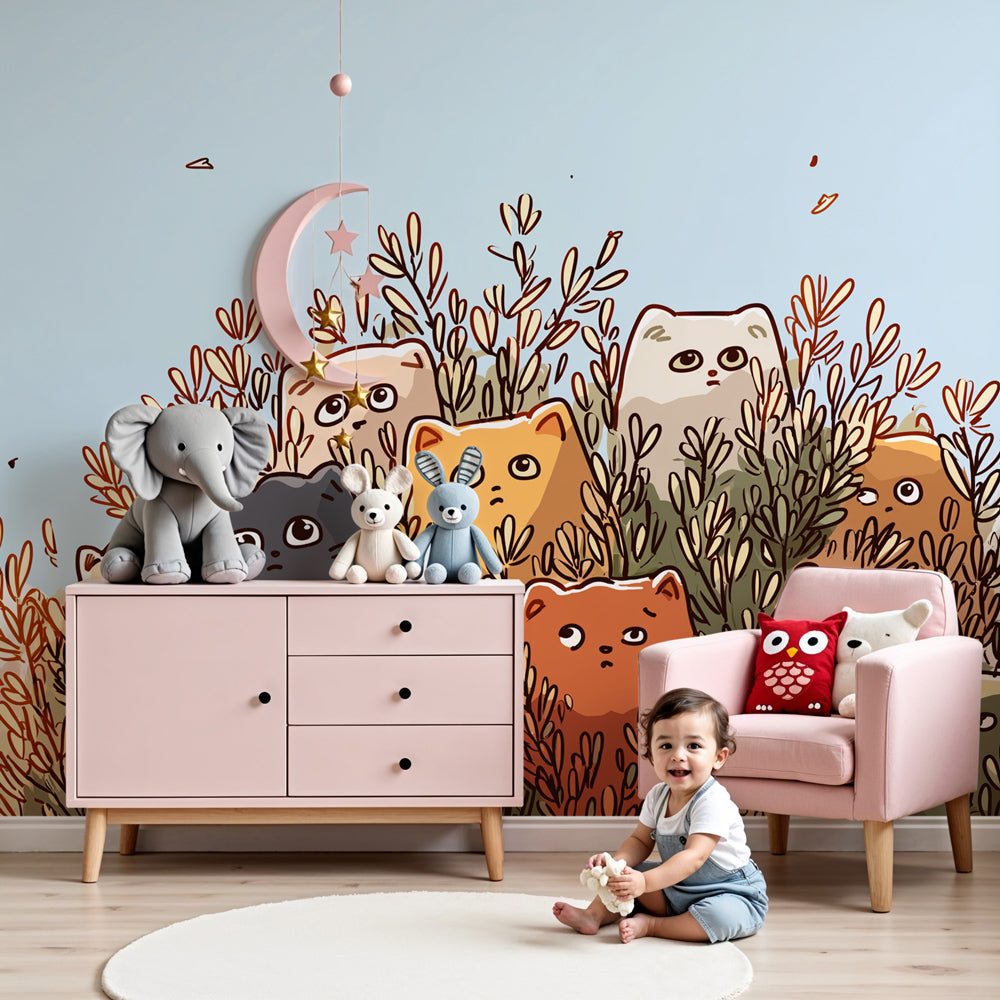 Cat mural wallpaper with hidden kittens creating magical nursery decor by Kids-Mundo