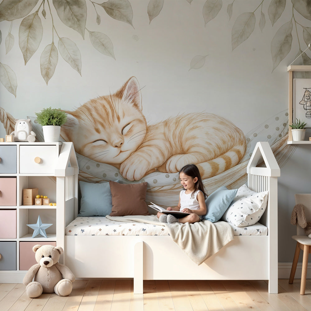 Sleepy kitten cat mural wallpaper in peaceful nursery setting by Kids-Mundo