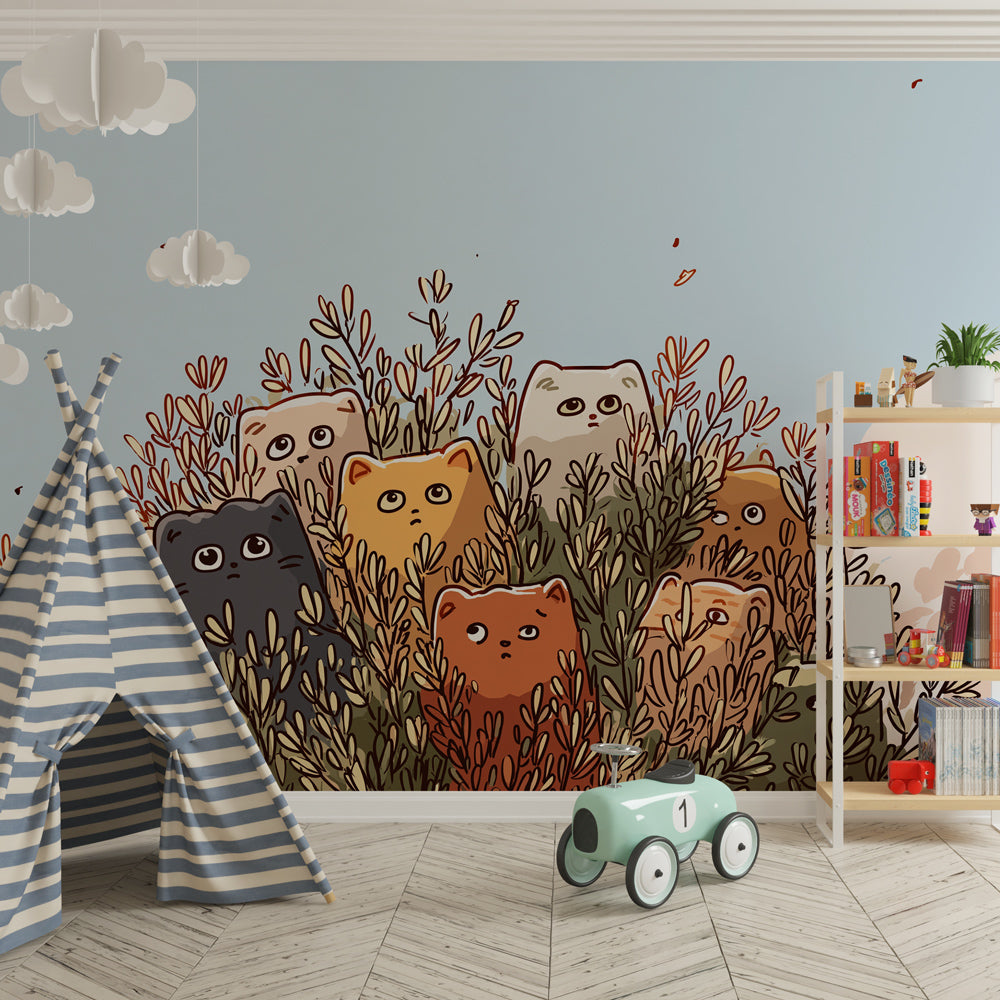 Whimsical cat wallpaper for kids playroom featuring kittens in foliage by Kids-Mundo
