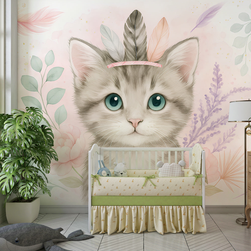 Animal mural wallpaper featuring adorable kitten in cozy toddler room setting by Kids-Mundo