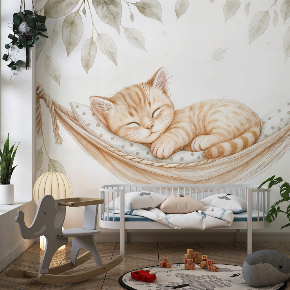Gentle cat wallpaper featuring sleeping kitten in modern toddler room by Kids-Mundo