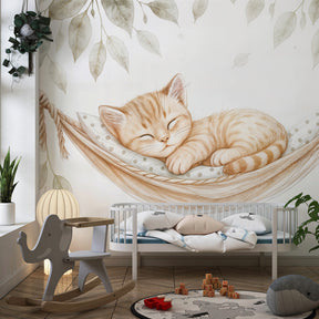Gentle cat wallpaper featuring sleeping kitten in modern toddler room by Kids-Mundo