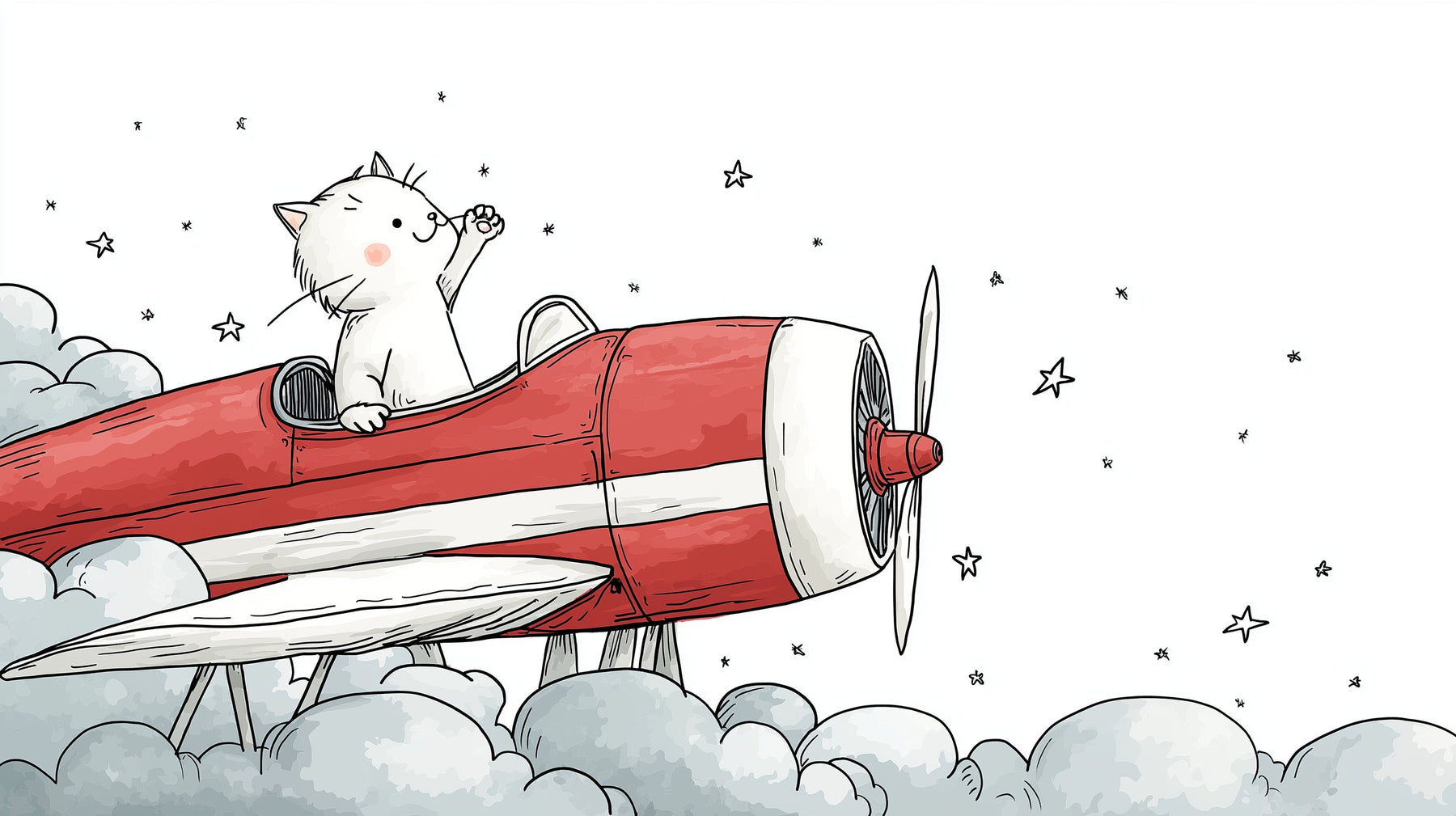 Detailed cat pilot red airplane mural wallpaper design pattern with clouds and stars by Kids-Mundo