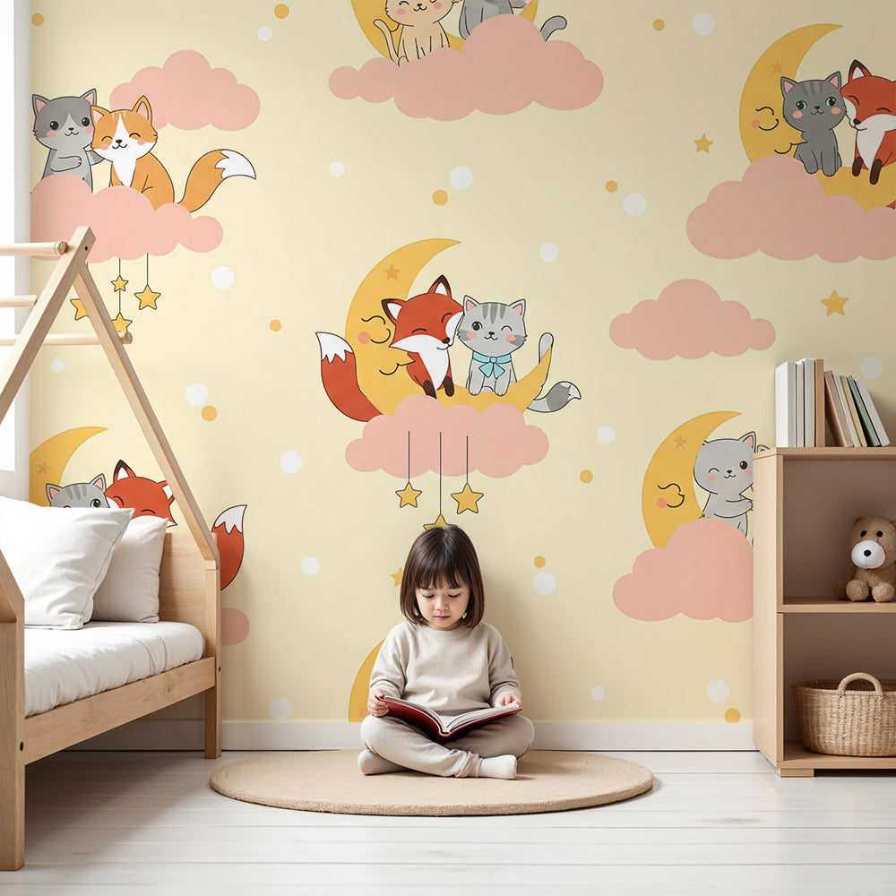 Kids-Mundo cats and foxes cloud wall mural styled in a soft pastel nursery room