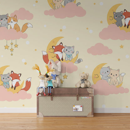 Kids-Mundo cats and foxes on clouds mural brightening a children's playroom wall