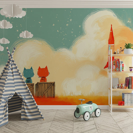 Kids-Mundo cats watching a rocket wall mural on a child's bedroom wall, set against a bright starry sky.