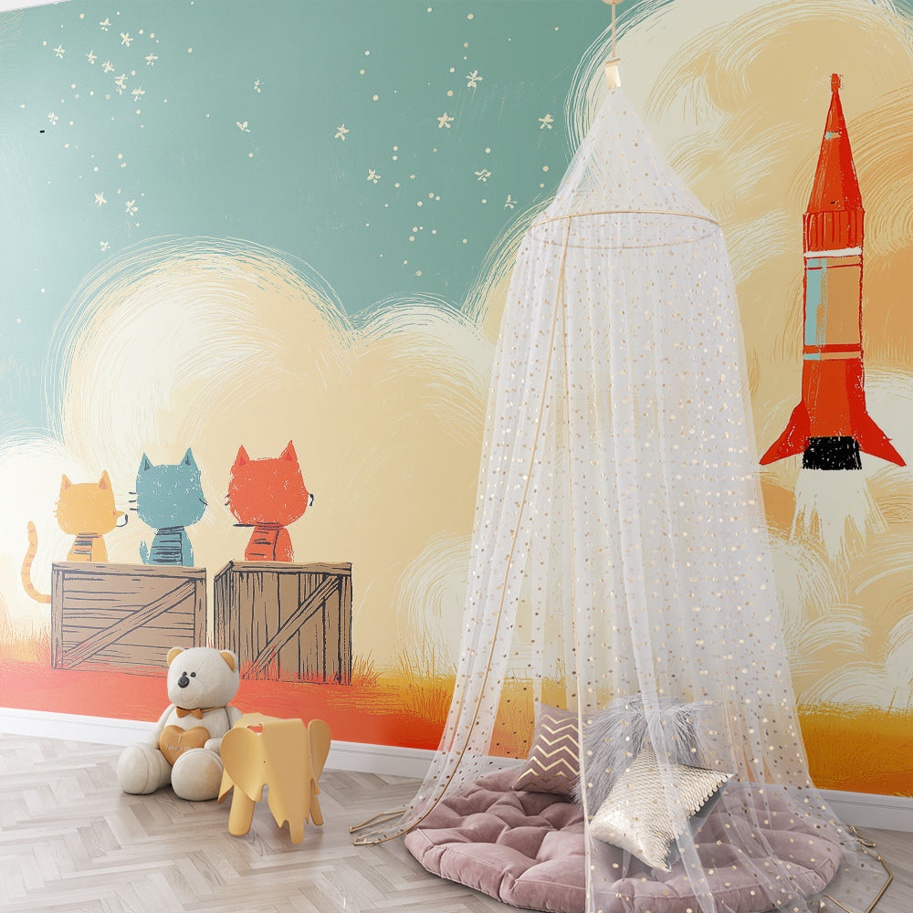 Kids-Mundo rocket launch wall mural in a playroom, made-to-measure wallpaper with curious cats and orange smoke.