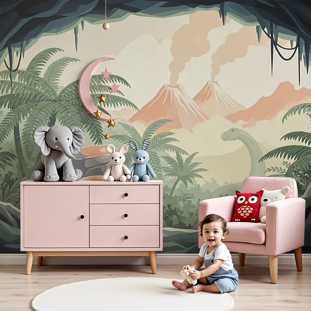 Kids-Mundo misty cave dinosaur wall mural in a soft muted-tone nursery room