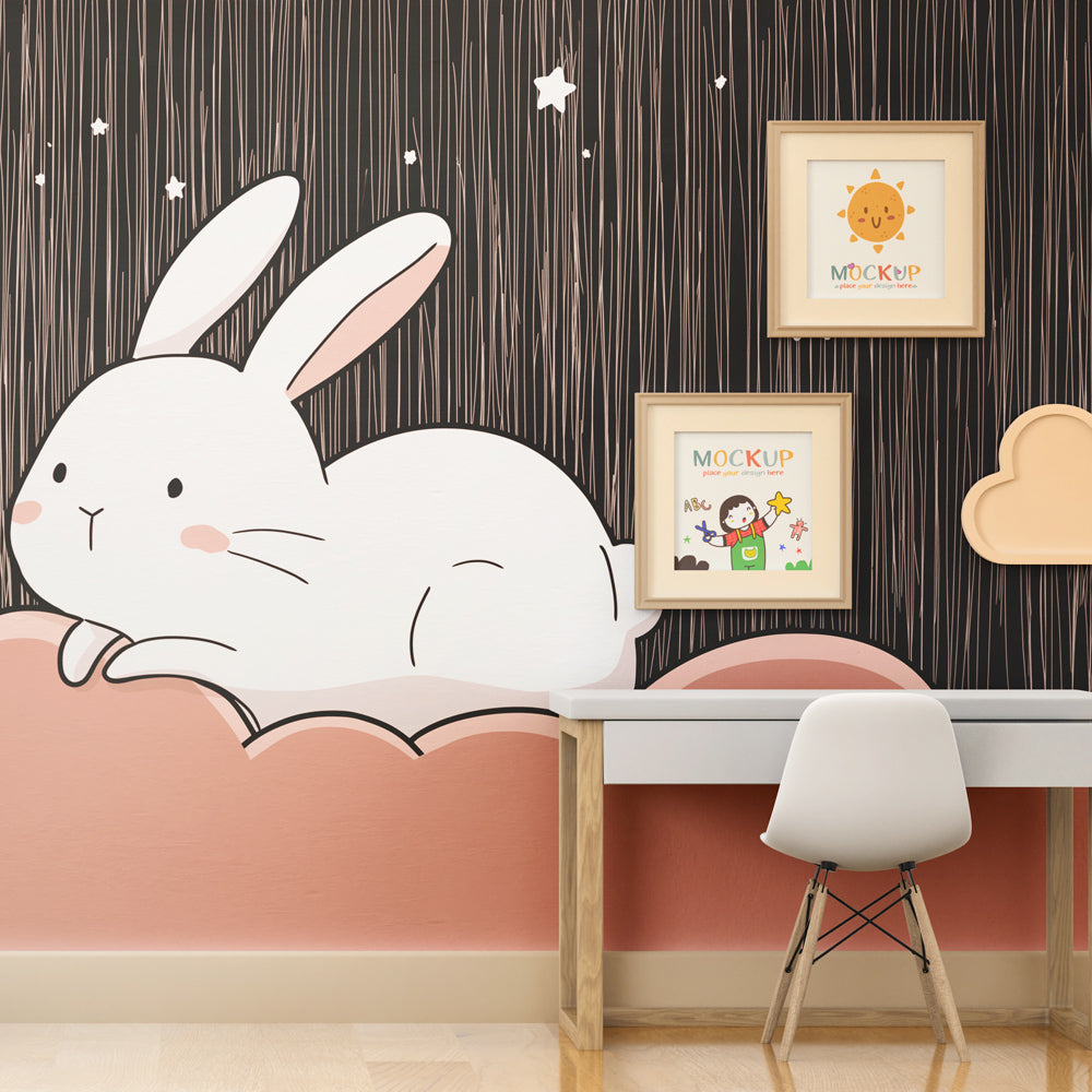 Peaceful bunny on cloud mural wallpaper for children's room decor with twinkling stars