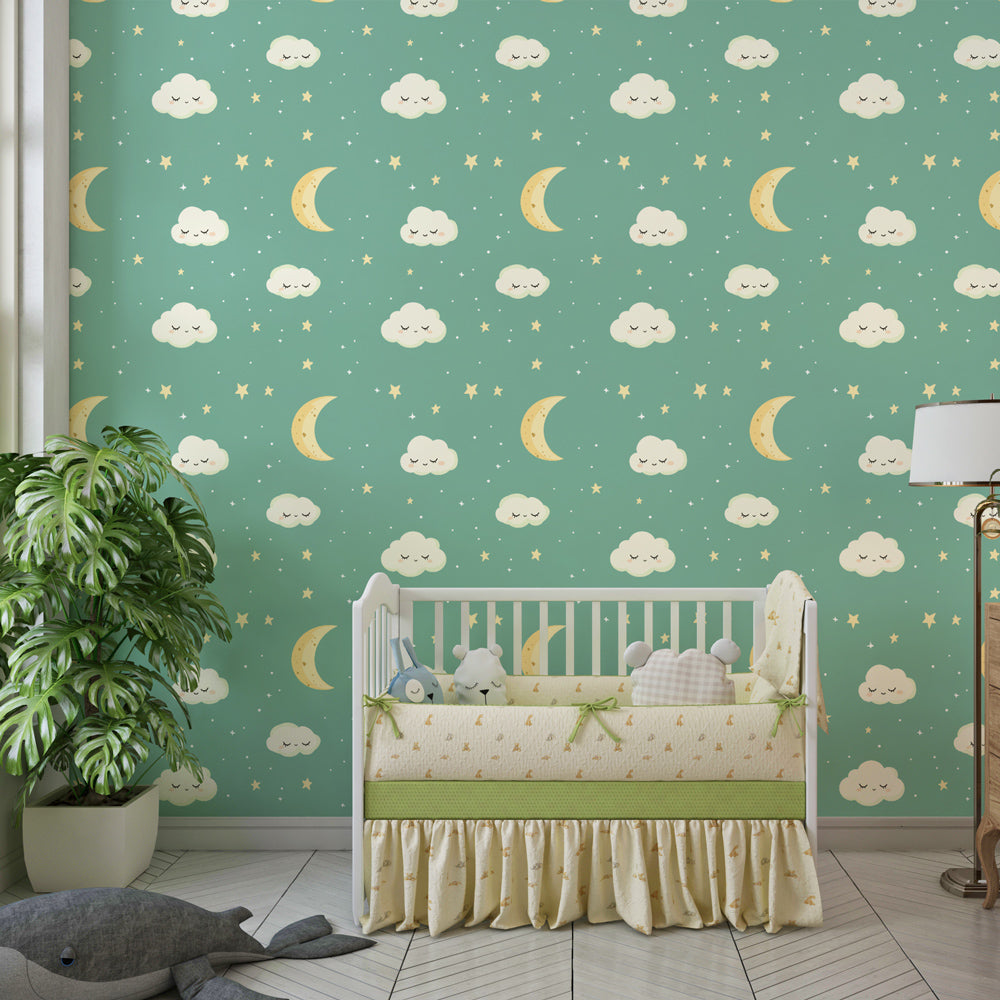 Gentle green celestial wallpaper with smiling clouds for toddler room by Kids-Mundo