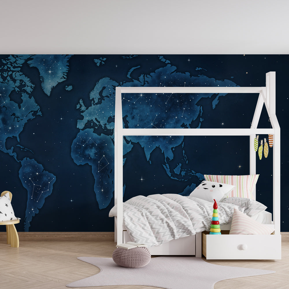 Kids-Mundo starry world map wall mural covering a feature wall in a child's bedroom with navy and star details