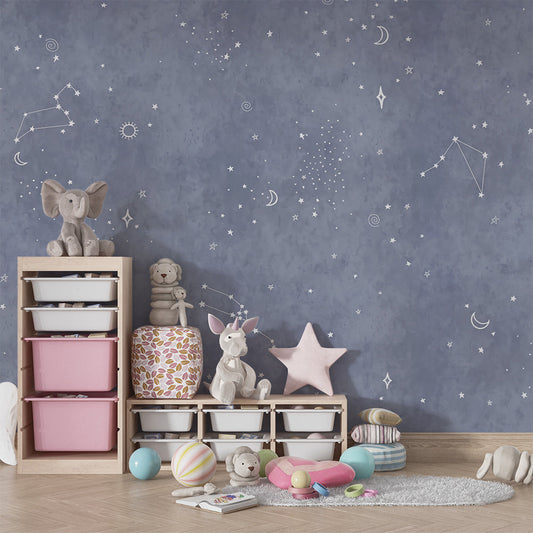 Kids-Mundo star and moon wall mural on a feature wall above a bed in a kids bedroom