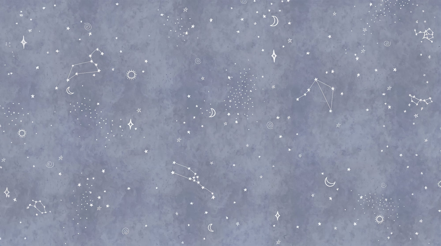 Kids-Mundo flat artwork of the constellation wall mural with stars and moons on a blue-grey sky