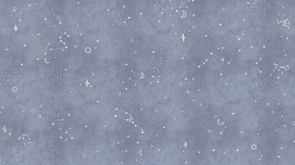 Kids-Mundo flat artwork of the constellation wall mural with stars and moons on a blue-grey sky