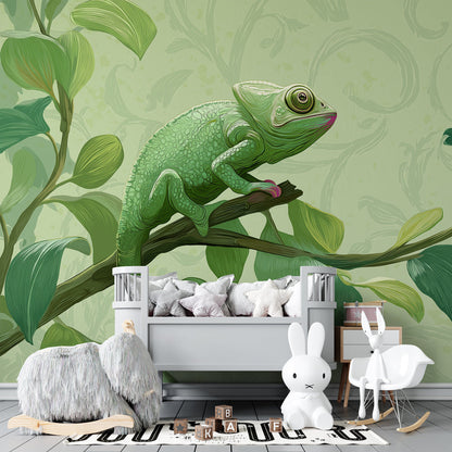 Kids-Mundo chameleon wall mural on a leafy branch brightening a playroom feature wall.