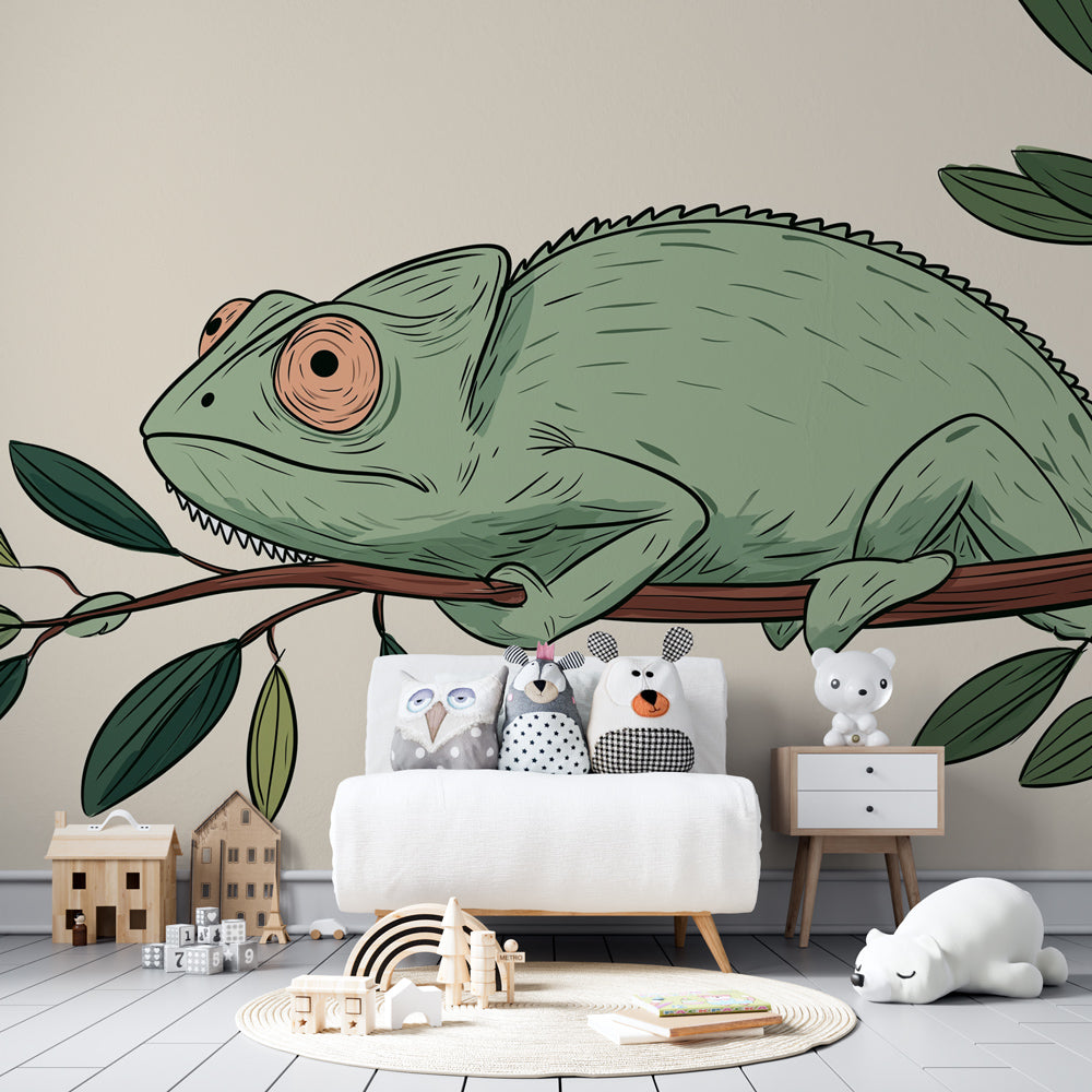 Nature-themed chameleon wallpaper in children's bedroom with natural wood furniture